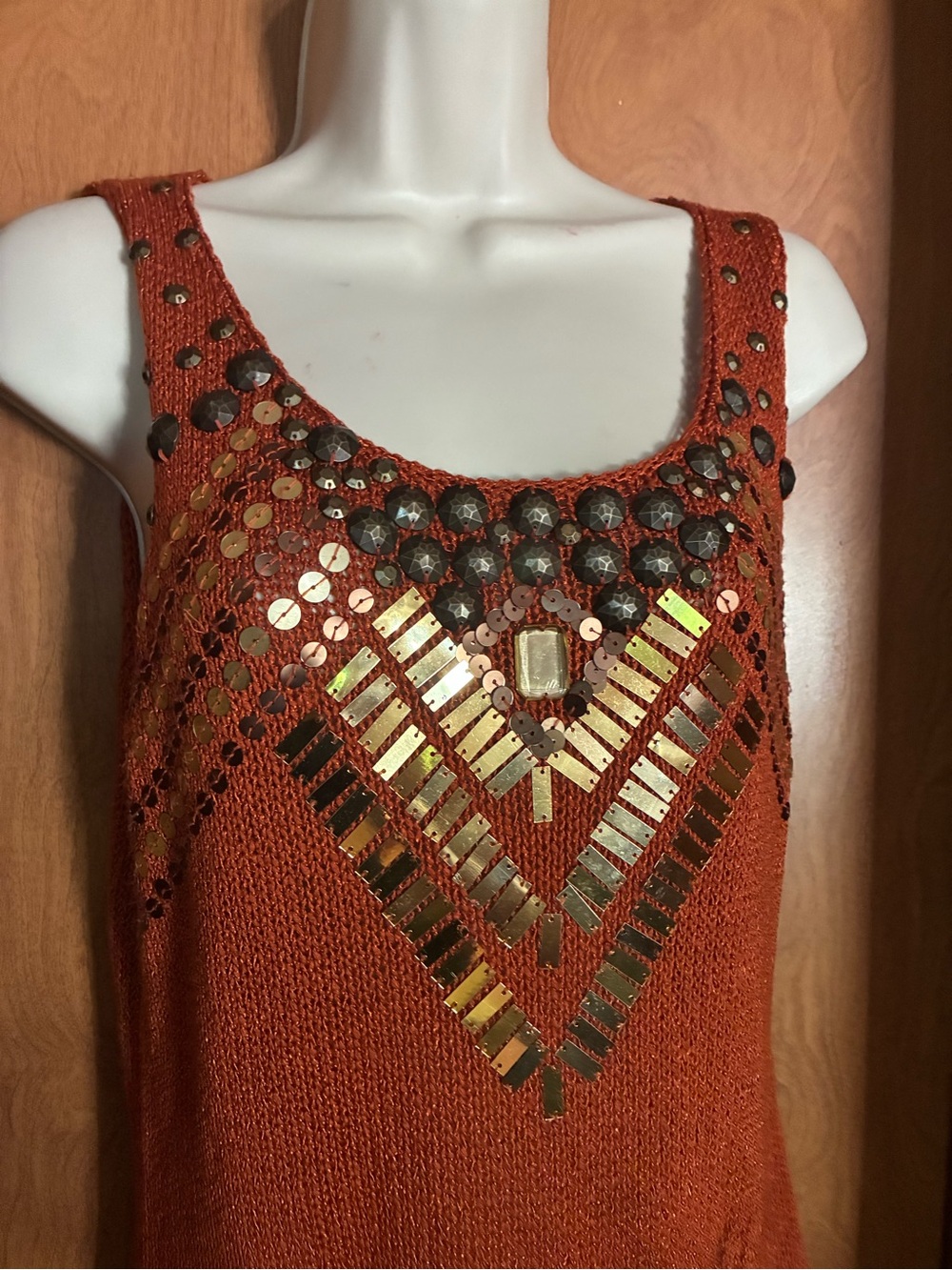 Beaded Embellished Rust Knit Tank Dress - Picture 3 of 5